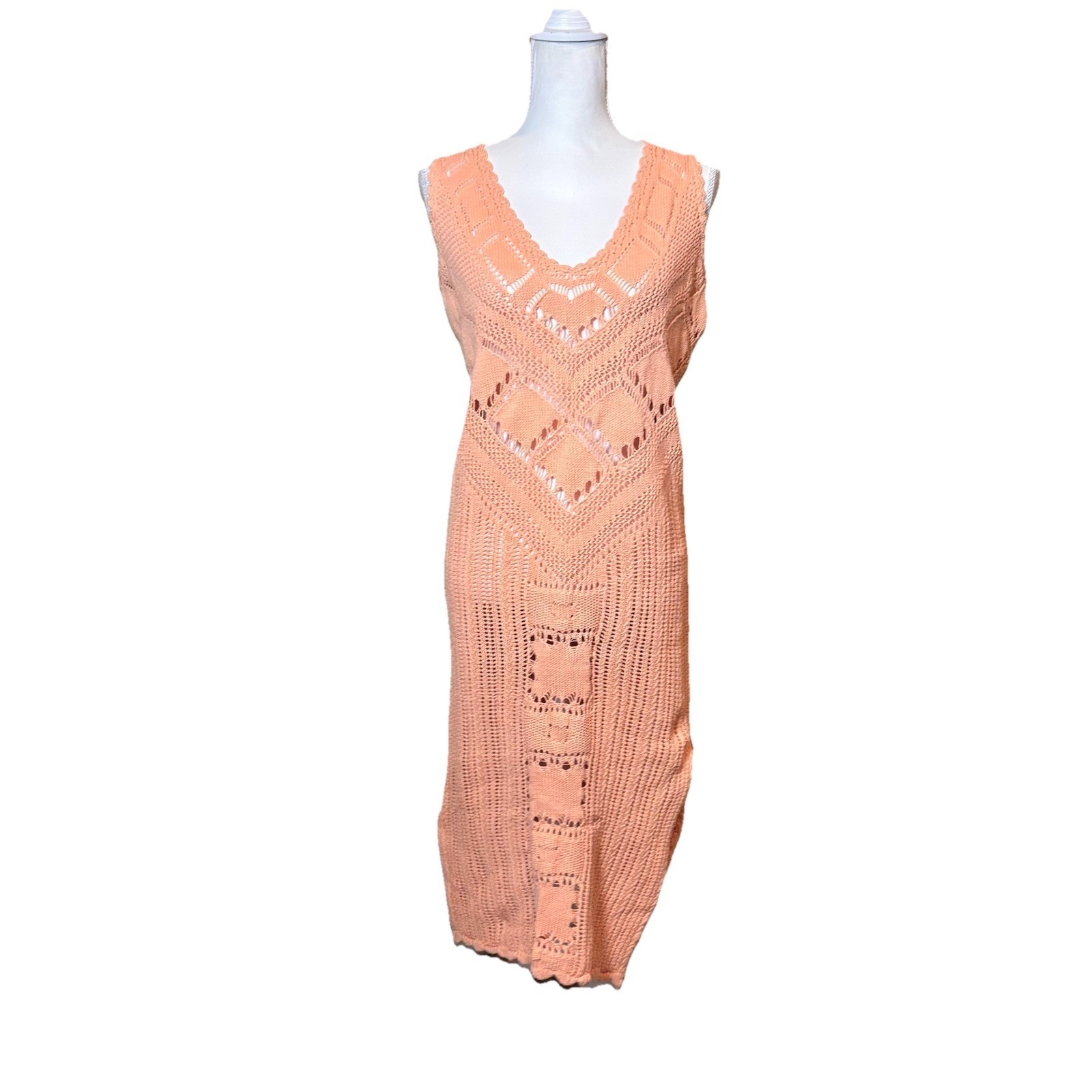Free People Fp Beach Crochet Knit Maxi Dress Peach Sleeveless Boho Cover Up Xs